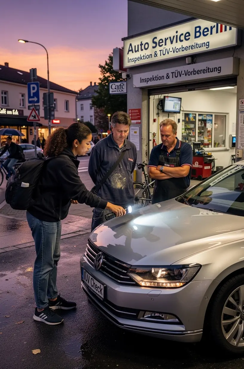 Hand eines Mechanikers prüft Beleuchtung und Blinker am Auto vor der Inspektion.