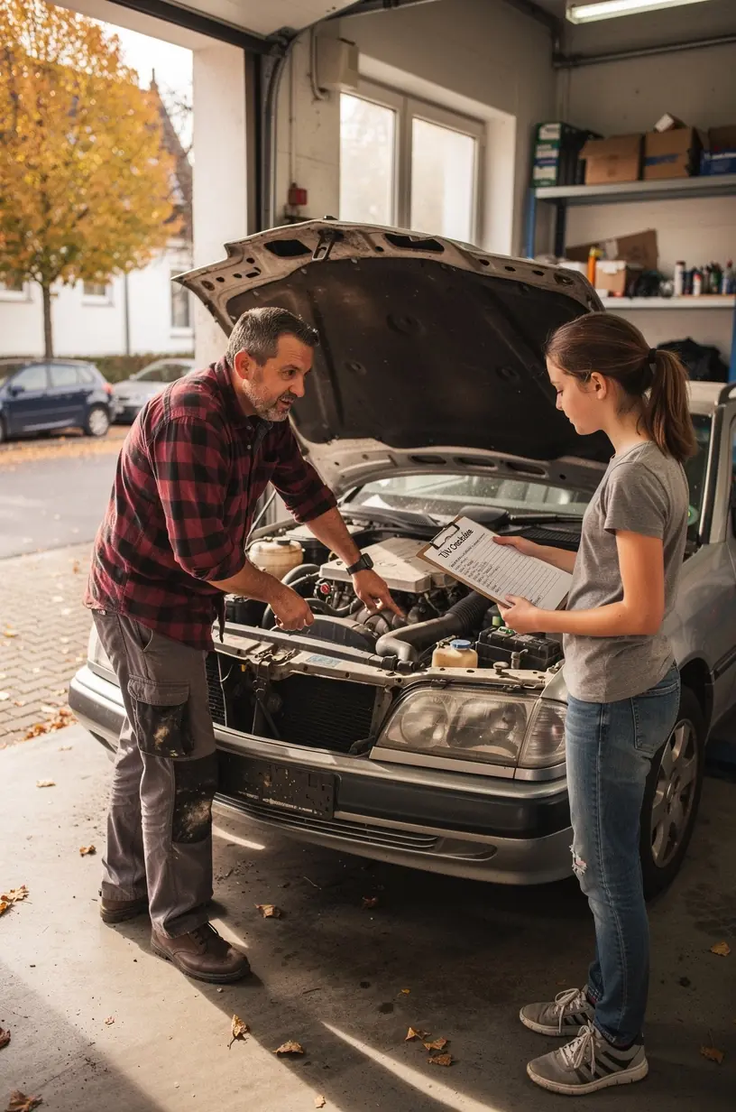 Fahrzeughalter nutzt praktische Checkliste zur Vorbereitung auf die TÜV-Hauptuntersuchung.